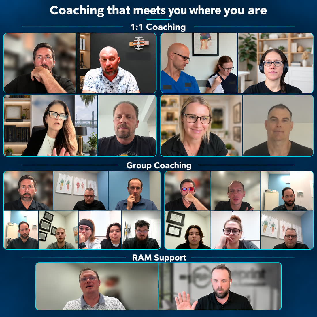 Screens from real BPA sessions: one-to-one coaching calls between a coach and a practice owner, group coaching calls with practice teams on video, and a Regional Account Manager check-in