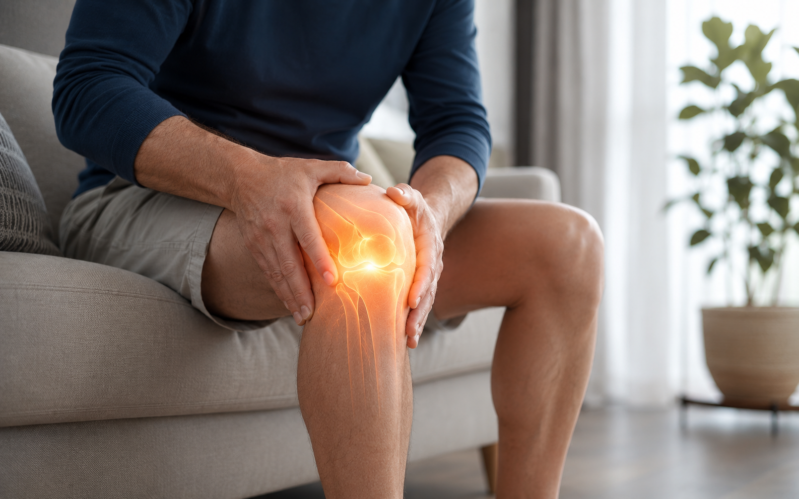 Patient holding knee with joint pain overlay, Knee Pain niche program