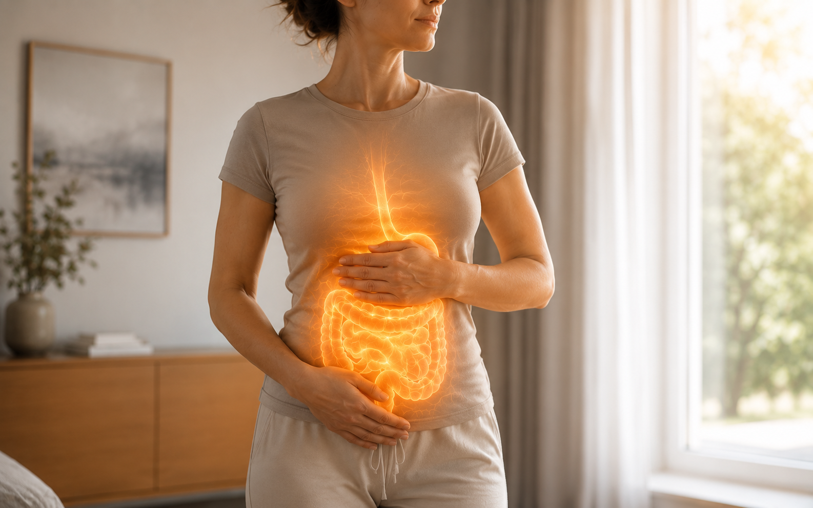 Woman with digestive system overlay, Metabolic Niches program